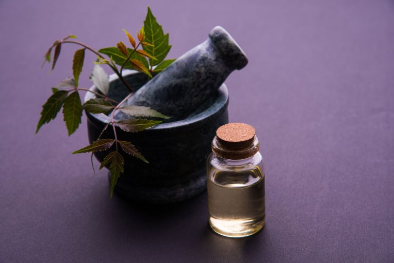 Ayurvedic anti bacterial Herbs Neem with Oil in bottle with mortar, isolated over plain background, How To Use Bonide Neem Oil Spray
