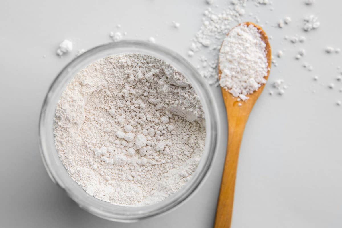 Diatomaceous earth also known as diatomite mixed in glass jar and wood spoon on gray background, studio shot.