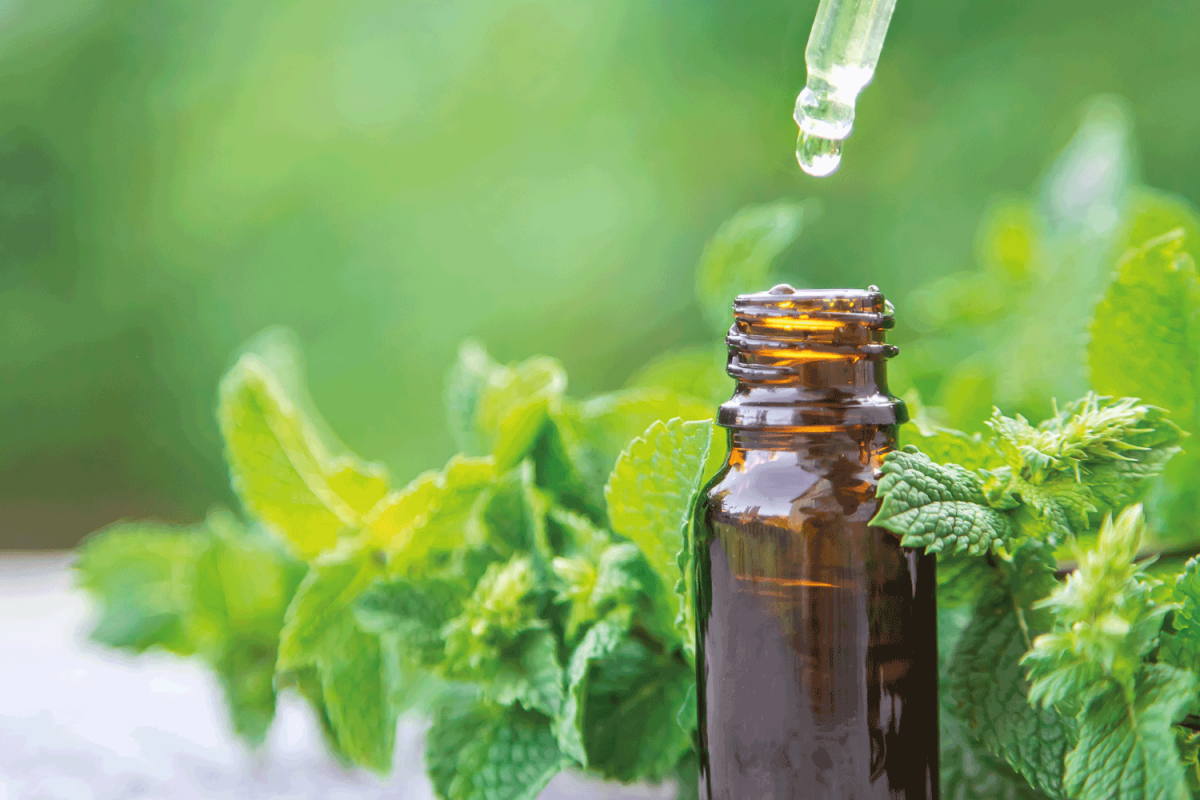 Peppermint essential oil in a small bottle
