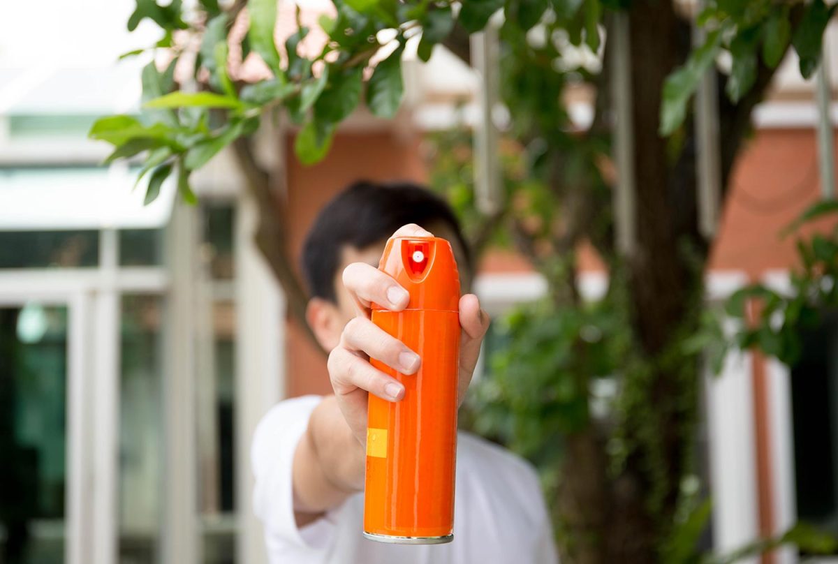 Young boy hand holding insect spray can outdoor