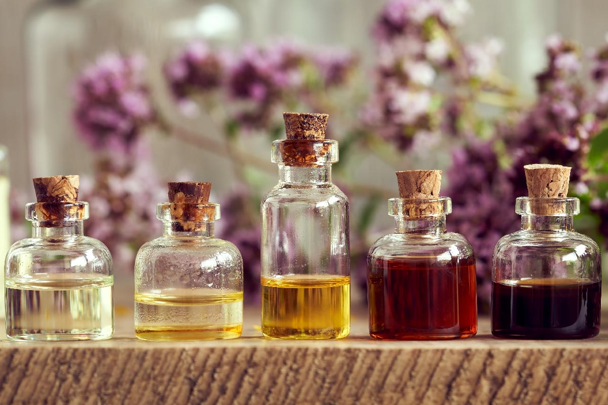Bottles of aromatherapy essential oil