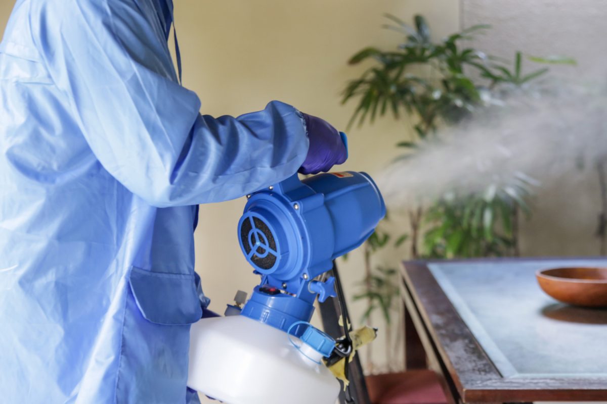 Cleaning and disinfecting: Key weapons in the fight against contagious diseases. Spray disinfection of surfaces in the house. Fogging with disinfectant due to coronavirus
