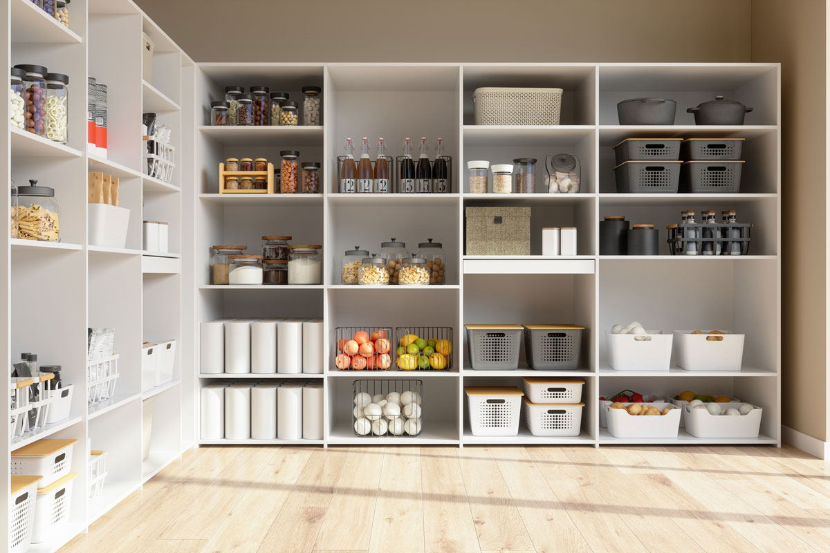 Organised Pantry Items In Storage Room With Nonperishable Food Staples, Preserved Foods, Healty Eatings, Fruits
