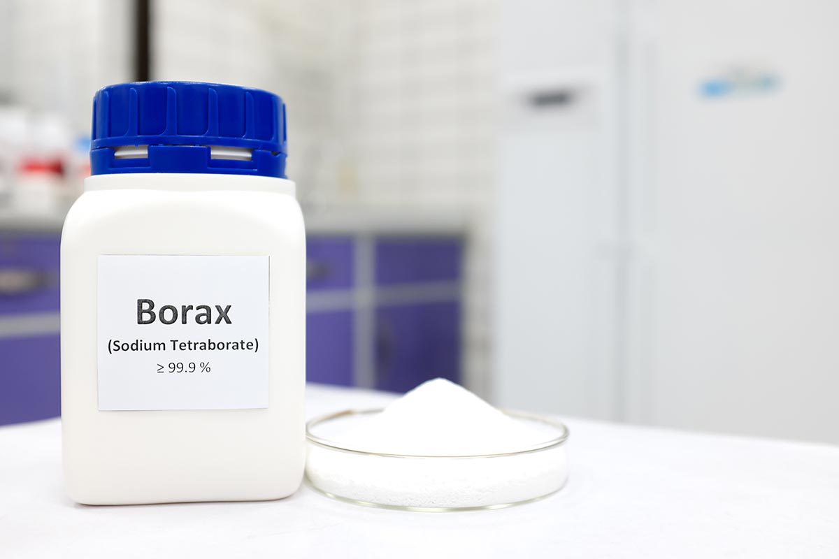 Selective focus of a bottle of borax chemical compound